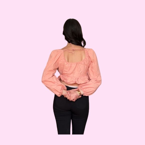 En Saison Pink Cotton Peplum Blouse | Long Sleeve Tie Back Top Size S - Picture 3 of 3